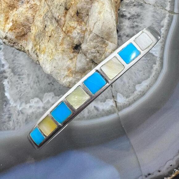 Vintage Native American Silver Turquoise & Mother of Pearl Inlay Womens Bracelet - Picture 1 of 10